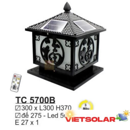 Đèn trụ cổng năng lượng E27*1 - Ø300*L300*H370 - Đế Ø275 - Led 5W 3 màu - vỏ màu đen