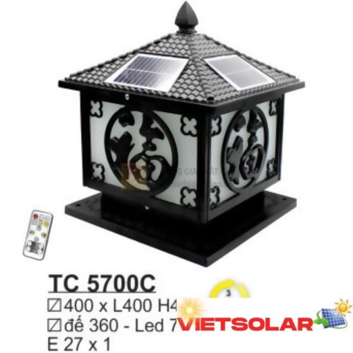 Đèn trụ cổng năng lượng E27*1 - Ø400*L400*H450 - Đế Ø360 - Led 7W 3 màu - vỏ màu đen
