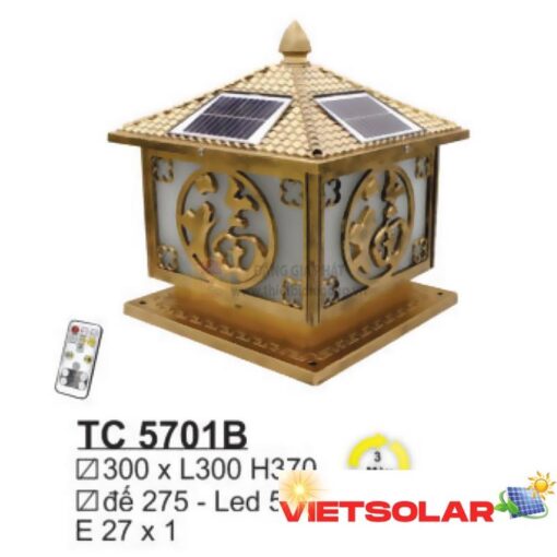 Đèn trụ cổng năng lượng E27*1 - Ø300*L300*H370 - Đế Ø275 - Led 5W 3 màu - vỏ màu gold